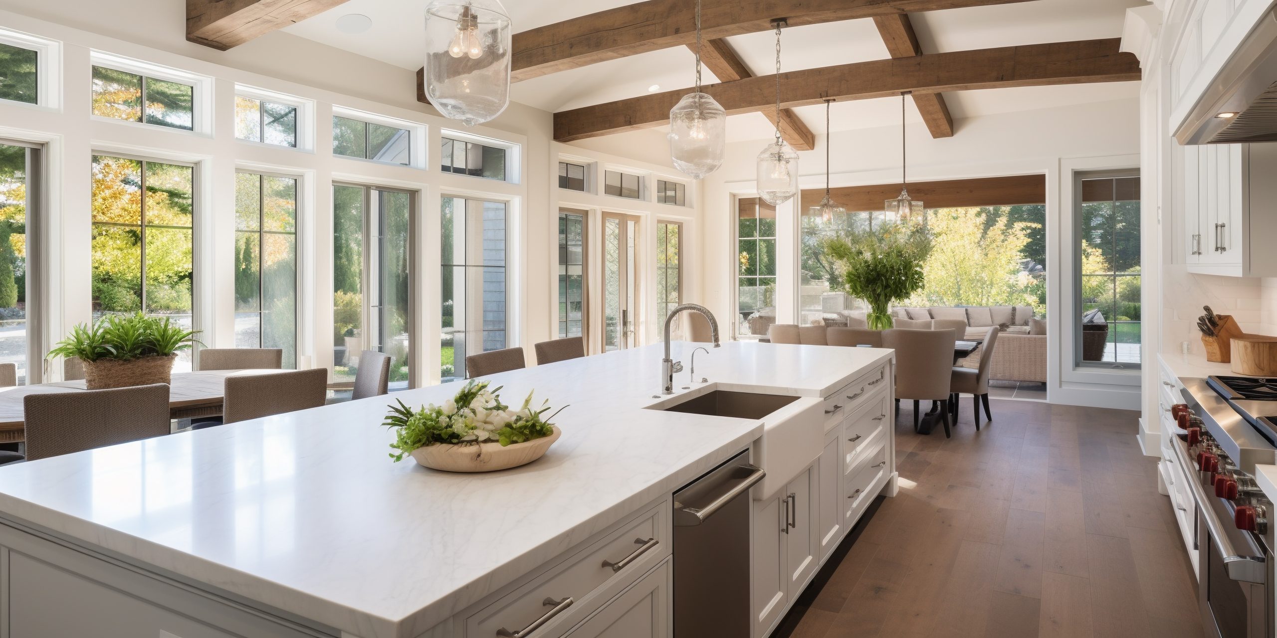 Kitchen interior in beautiful new luxury home with kitchen island and wooden floor, bright modern minimal style,  with copy space.